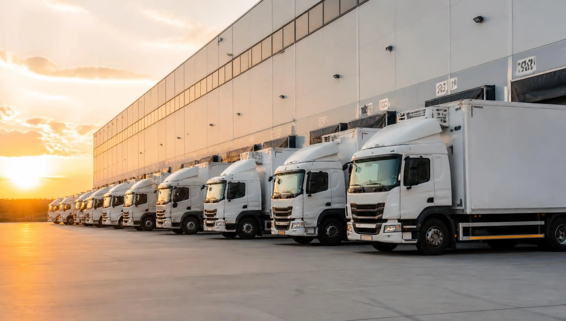 Delivery trucks lined up at a distribution centre loading dock at sunset