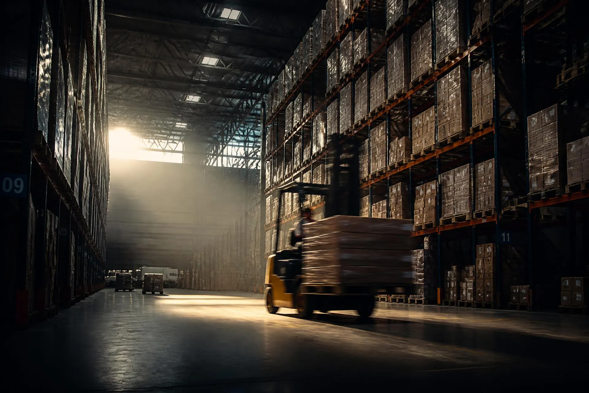 Pallet racking and a forklift moving stock inside a modern FMCG distribution warehouse